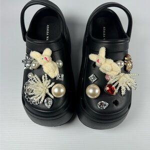 Azalea Wang Davies Black Platform Clogs Charm Decorated NIB